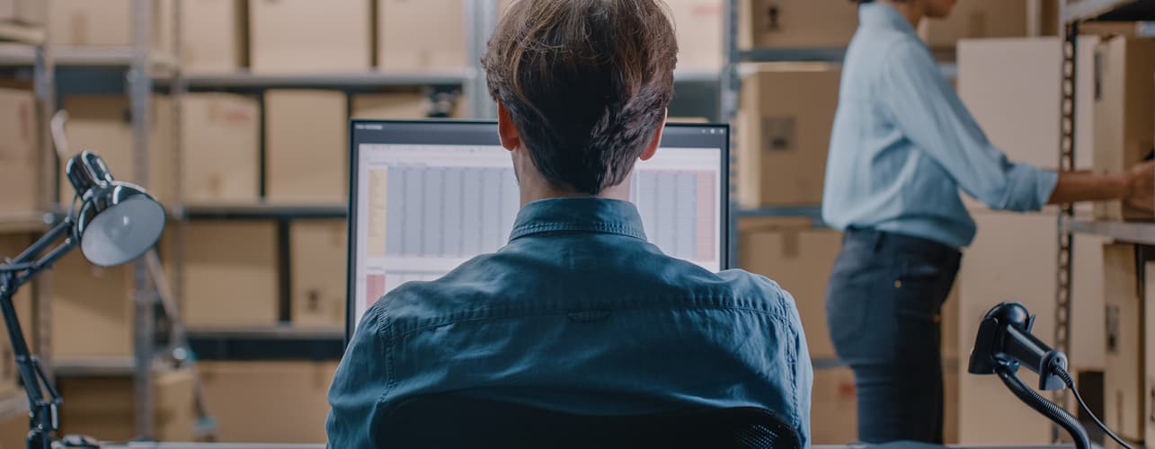 Warehouse staff managing inventory on computer with storage shelves in background